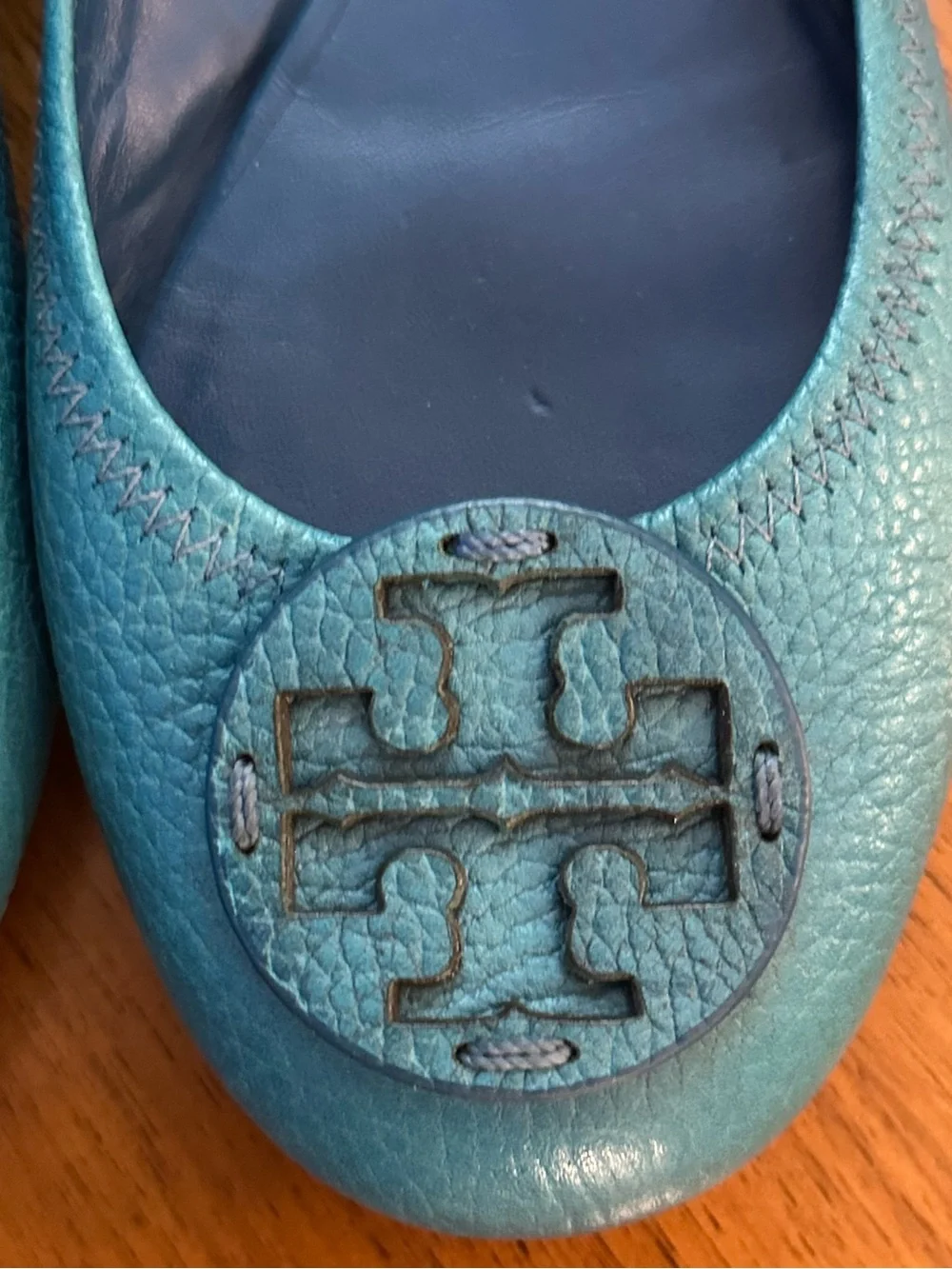 Tory Burch Teal Leather Logo Ballet Flats with Double-T Logo 8